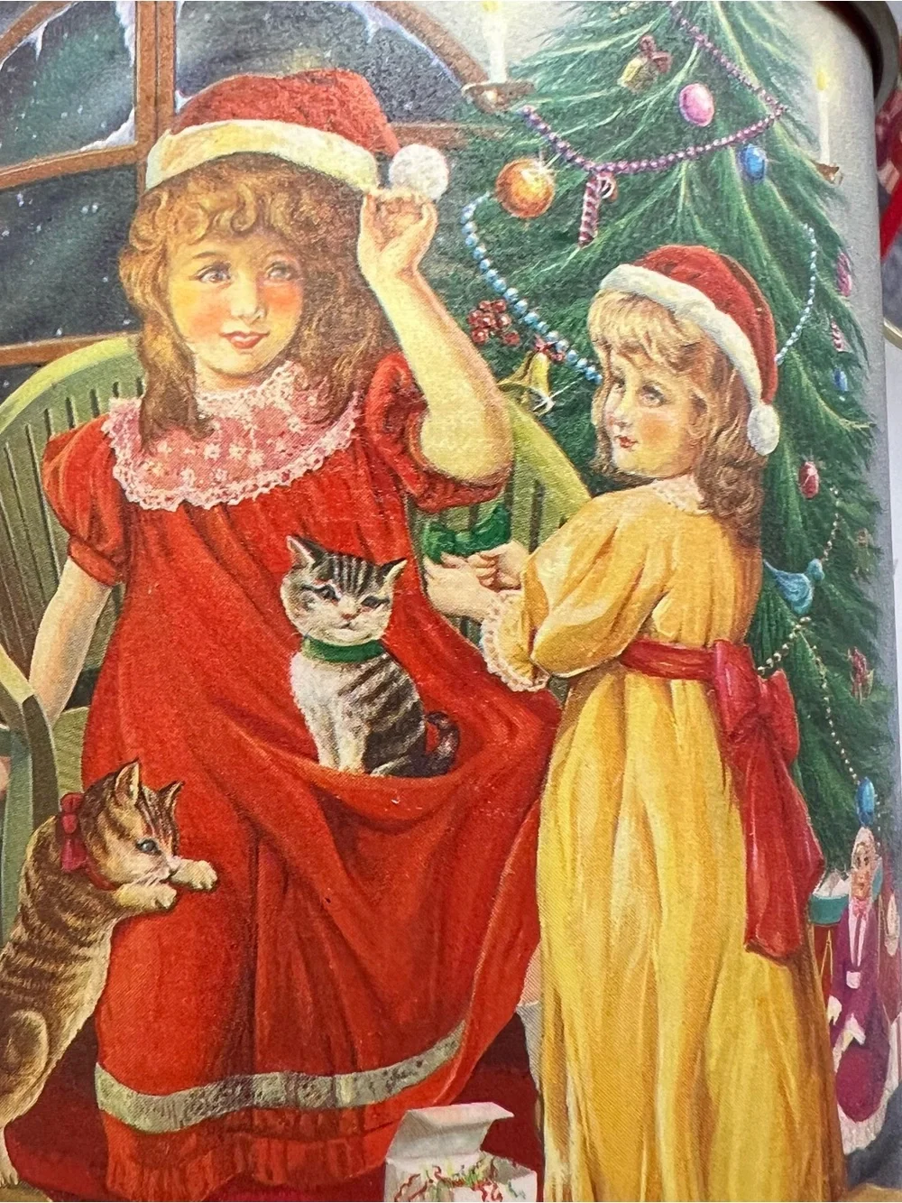 Vintage Christmas Nesting Tins Girls & Cat Scene Set Of 3 80s 90s